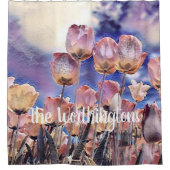 紫のピンクとオレンジのチューリップのシャワーカーテン シャワーカーテン (正面)