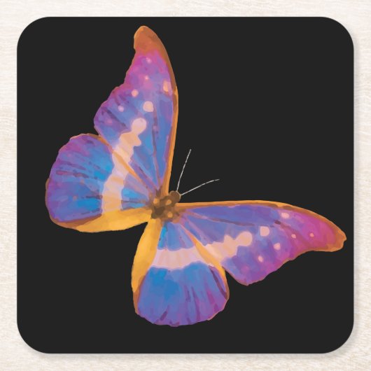 紫のピンクと青の色合いのエキゾチックな蝶 スクエアペーパーコースター (正面)