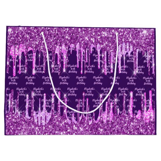 紫のピンクのグリッタードリップス名の誕生日 ラージペーパーバッグ (裏面)