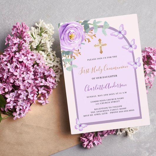 紫のピンクのバラの蝶アーチ第一聖餐式 招待状