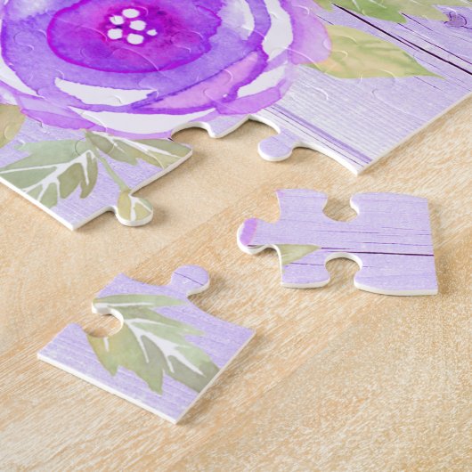 紫のピンクのヴィンテージフローラ水の色の素朴な木 ジグソーパズル (側面)