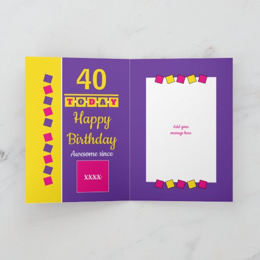 紫のピンクの写真素晴らしから40歳の誕生日 カード (内部)