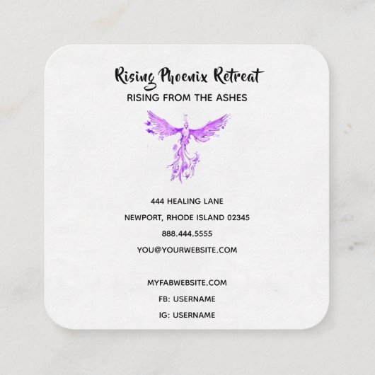 *~*紫のピンクの羽が黒に浮かび上がるフェニックス スクエア名刺 (裏面)