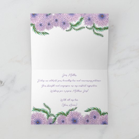 紫のピンクの花と離れ緑の花の母の日 カード (内部)