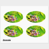 紫のピンクの花に虹色のトンボ 楕円形シール (シート)