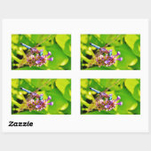 紫のピンクの花に虹色のトンボ 長方形シール (シート)