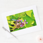 紫のピンクの花に虹色のトンボ 長方形シール (封筒)