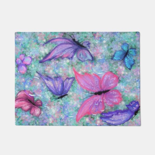 紫のピンクの蝶の模様 ドアマット (正面)