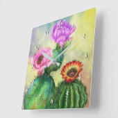 紫のピンクの赤いサボテンの花が絵画ミグンズアート スクエア壁時計 (傾斜)