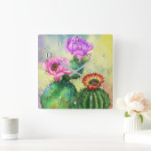 紫のピンクの赤いサボテンの花が絵画ミグンズアート スクエア壁時計 (ホーム)