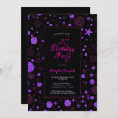 紫のピンクスポットと星21歳の誕生日パーティー 招待状 (正面/裏面)