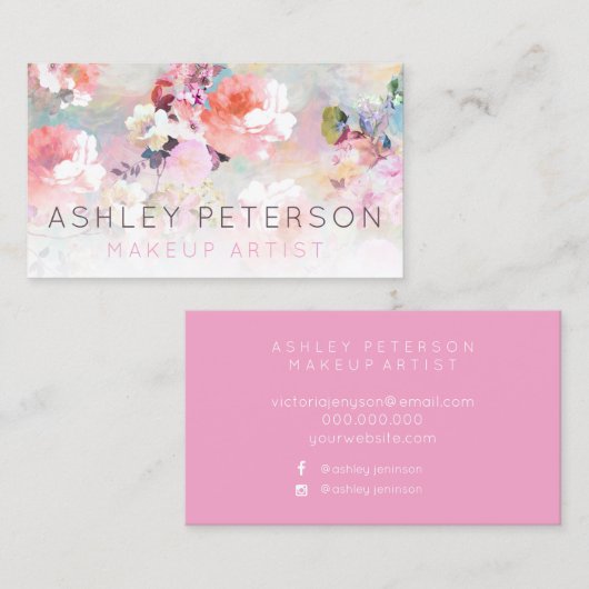 紫のピンクフローラの水彩化粧タイポグラフィ 名刺 (正面/裏面)