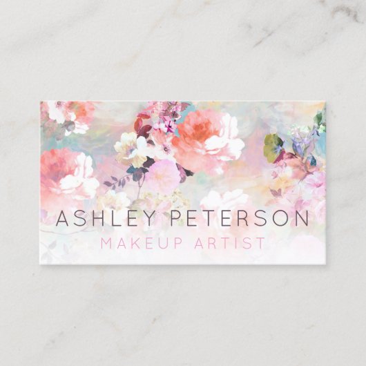 紫のピンクフローラの水彩化粧タイポグラフィ 名刺 (正面)