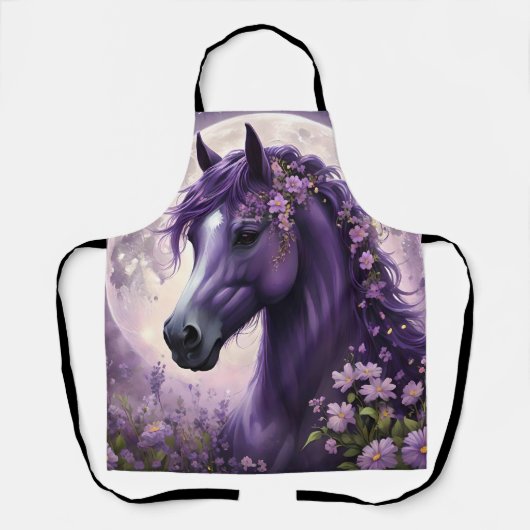 紫のファンタジー馬の月の花 エプロン (正面)
