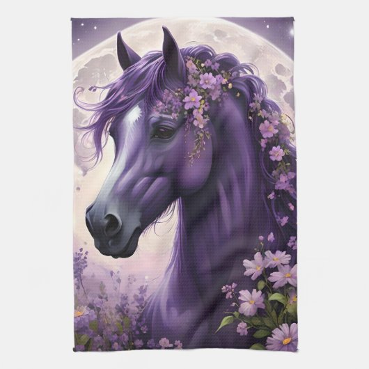 紫のファンタジー馬の月の花 キッチンタオル (縦)