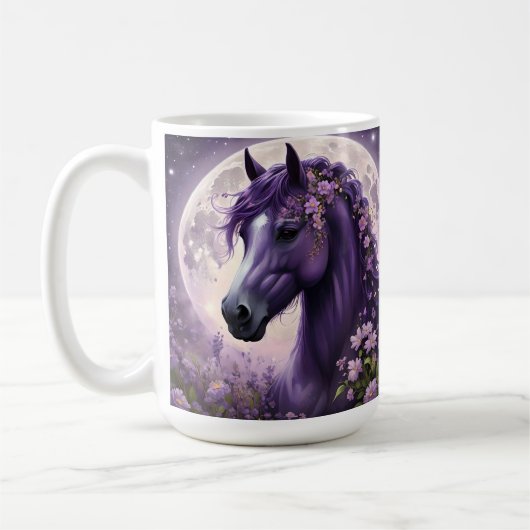 紫のファンタジー馬の月の花 コーヒーマグカップ (左)