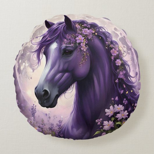紫のファンタジー馬の月の花 ラウンドクッション (正面)