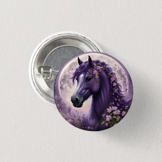紫のファンタジー馬の月の花 缶バッジ (正面&裏面)