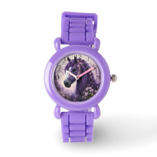 紫のファンタジー馬の月の花 腕時計