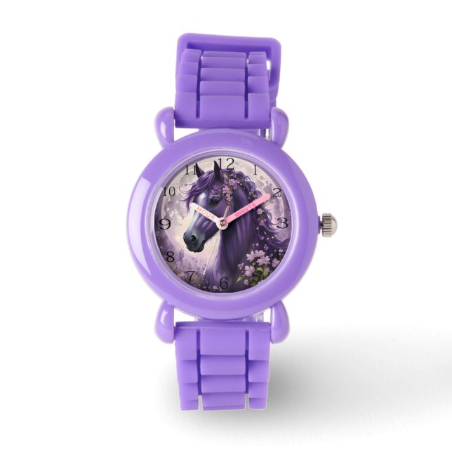 紫のファンタジー馬の月の花 腕時計 (正面)