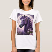 紫のファンタジー馬の月の花 Tシャツ (正面)