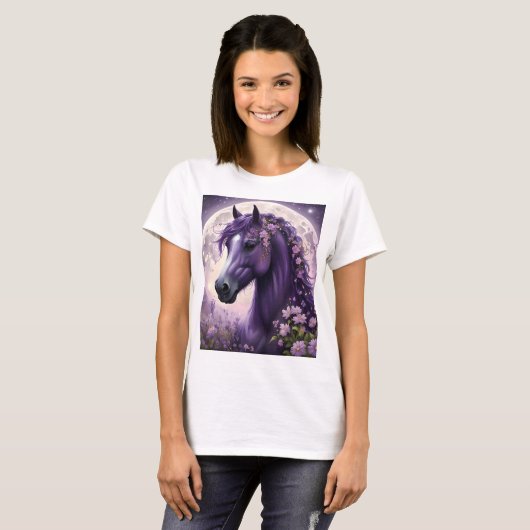 紫のファンタジー馬の月の花 Tシャツ (正面フル)