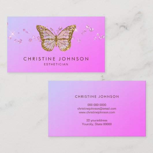 紫のフェイクグラデーションの金ゴールドフォイル蝶 名刺 (正面/裏面)