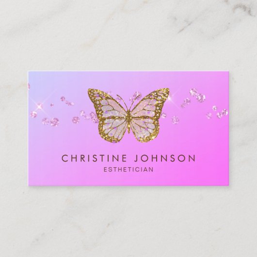 紫のフェイクグラデーションの金ゴールドフォイル蝶 名刺 (正面)