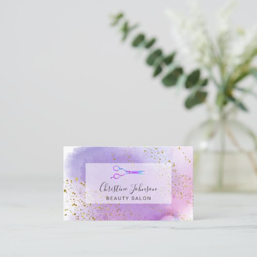 紫のフェイクグリッターの水彩 名刺 (スタンド正面)