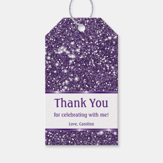 紫のフェイクグリッターテクスチャの外観とカスタム文字 ギフトタグ (正面)