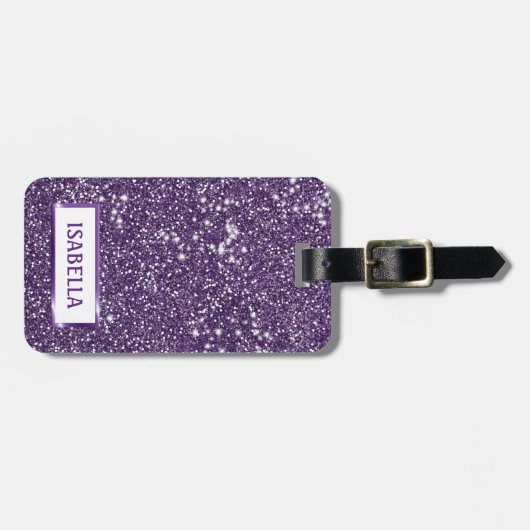 紫のフェイクグリッターテクスチャの外観とカスタム文字 ラゲッジタグ (正面横)