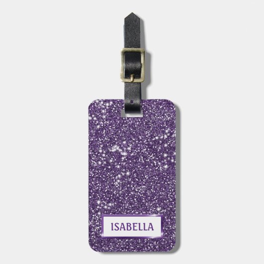 紫のフェイクグリッターテクスチャの外観とカスタム文字 ラゲッジタグ (正面縦)
