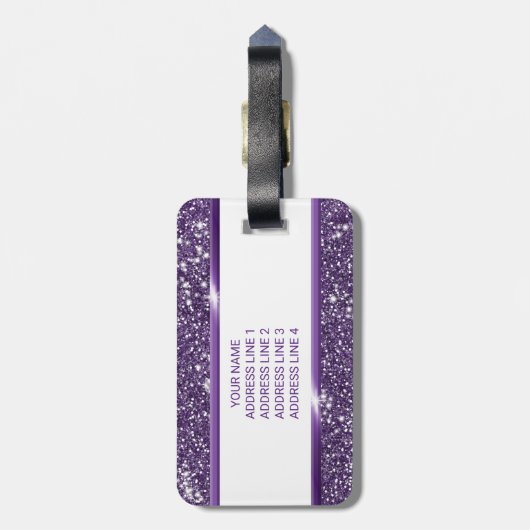 紫のフェイクグリッターテクスチャの外観とカスタム文字 ラゲッジタグ (裏面縦)