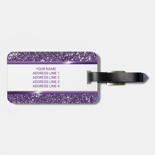 紫のフェイクグリッターテクスチャの外観とカスタム文字 ラゲッジタグ (裏面横)