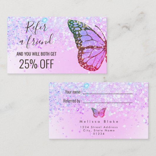 紫のフェイクグリッター蝶は友人を参照 名刺 (正面/裏面)