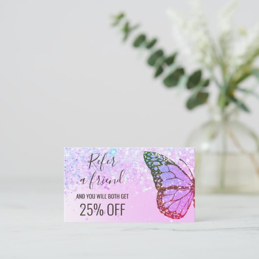 紫のフェイクグリッター蝶は友人を参照 名刺 (スタンド正面)