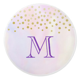 紫のフェイク水色モノグラム上の金ゴールド紙吹雪 セラミックノブ