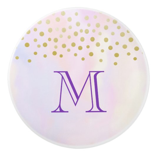 紫のフェイク水色モノグラム上の金ゴールド紙吹雪 セラミックノブ (正面)