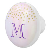 紫のフェイク水色モノグラム上の金ゴールド紙吹雪 セラミックノブ (右)