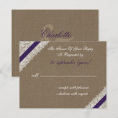 紫のフェイクrsvpとバーラップ 出欠カード (正面/裏面)