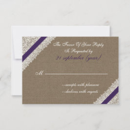 紫のフェイクrsvp 3.5 x 5でバーラップとレース 出欠カード