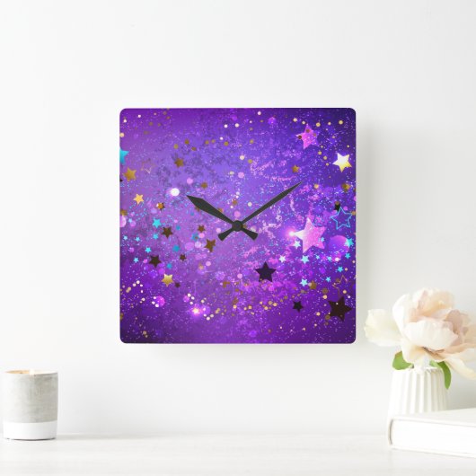 紫のフォイル(星付き) スクエア壁時計 (ホーム)