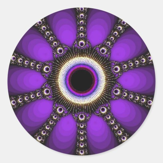 紫のフラクタル幾何学デザインの楽しいステッカー ラウンドシール (正面)