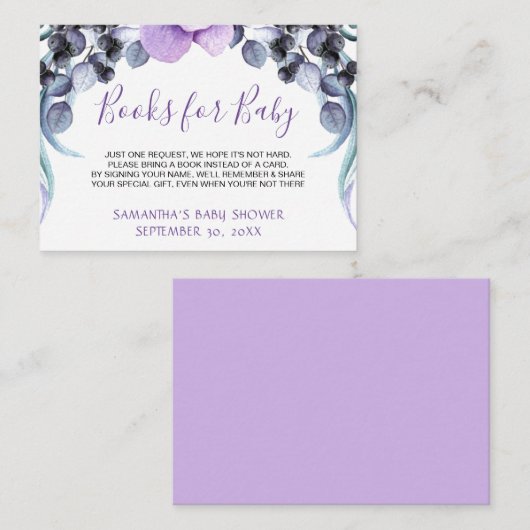 紫のフローラかわいらしがブックカードを持ち込む赤ちゃんシャワー エンクロージャーカード (正面/裏面)