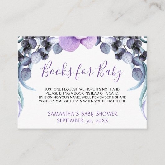 紫のフローラかわいらしがブックカードを持ち込む赤ちゃんシャワー エンクロージャーカード (正面)