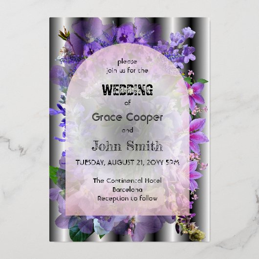 紫のフローラで背景が幻影の 箔招待状 (正面)