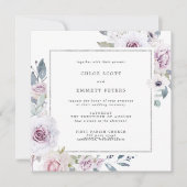 紫のフローラとシルバーフレーム結婚スクエア 招待状 (正面)