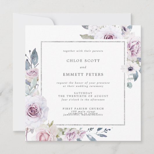 紫のフローラとシルバーフレーム結婚スクエア 招待状 (正面)