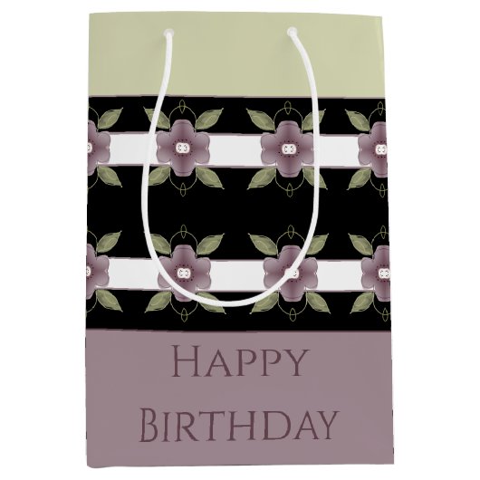 紫のフローラと薄い緑 ミディアムペーパーバッグ (正面)