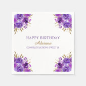 紫のフローラと金ゴールドリーフのハッピーバースデーパーティー スタンダードカクテルナプキン (正面)